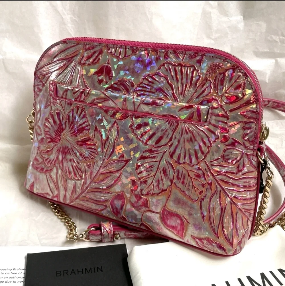 Bnwt Brahmin Iridescent Pink Floral Crossbody Bag - Picture 2 of 4